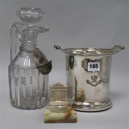 A Georgian decanter with dip label, a wine cooler and an ashtray